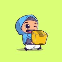 süßes muslimisches mädchen, das sich mit einer shopbox glücklich fühlt vektor