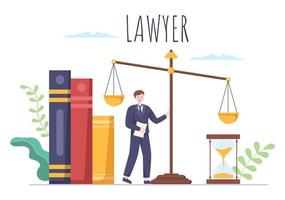 anwalt, anwalt und justiz mit gesetzen, waagen, gebäuden, buch oder holzrichterhammer zum berater in flacher karikaturillustration vektor
