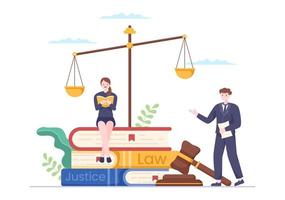 anwalt, anwalt und justiz mit gesetzen, waagen, gebäuden, buch oder holzrichterhammer zum berater in flacher karikaturillustration