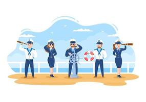 kreuzfahrtschiffskapitän-karikaturillustration in der seemannsuniform, die ein schiff reitet, mit einem fernglas schaut oder auf dem hafen in flachem design steht