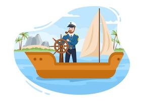 mann kreuzfahrtschiff kapitän karikaturillustration in seemannsuniform, die ein schiff reitet, mit einem fernglas schaut oder auf dem hafen in flachem design steht vektor