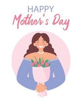 schönen Muttertag. Frau hält Blumenstrauß und lächelt. Grußkarte. nette flache vektorillustration auf einem blauen hintergrund. vektor