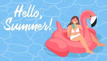 solbränna flicka i bikini avkopplande i vattenpoolen, sitter på flamingo uppblåsbara flottör med cocktail på sommarlovet. hej sommarkort. sommarlovet banner. platt vektorillustration. vektor