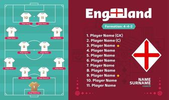 England line-up fotboll 2022 turnering slutskede vektorillustration. landslagsuppställningstabell och lagbildning på fotbollsplan. fotbollsturnering vektor land flaggor.