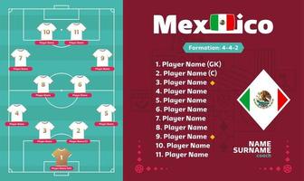 mexiko-aufstellung fußball 2022 turnier finalphase vektorillustration. Aufstellungstabelle für Ländermannschaften und Mannschaftsbildung auf dem Fußballplatz. Fußballturnier Vektor-Länderflaggen. vektor
