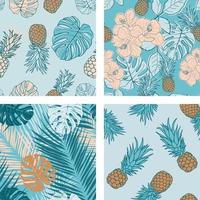 vackra hibiskus blommor, löv, ananas sömlösa mönster bakgrundsuppsättning. tropisk natur omslagspapper eller textil design set. vackert tryck med handritade exotiska växter. vektor