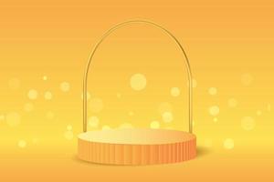 Bokeh-Effekt auf einem Hintergrund mit orangefarbenem Podium und goldenem Bogen. 3D-Rendermodell mit Szene für Kosmetik- oder Preisvorschau. Minimale Plattform für Thanksgiving-Verkaufsbanner vektor