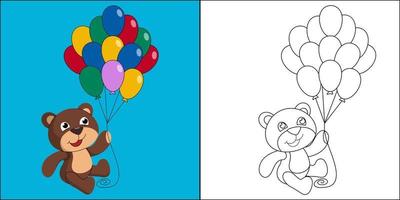 niedlicher bär, der bunte luftballons hält, die für die farbseiten-vektorillustration der kinder geeignet sind
