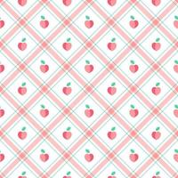 söt persika frukt element persika gammal ros rosa grön diagonal rand randig linje lutning rutig pläd tartan buffel scott gingham mönster platt tecknad vektor sömlöst mönster tryck bakgrund mat
