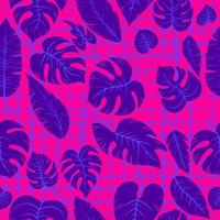 Nahtloses Vintage-Tintenmuster tropischer exotischer Blätter verschiedener Arten. Dschungelpflanzen. Monstera und Palmblätter. grunge neonrosa vektorhintergrund. vektor