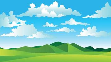 flaches panorama der karikatur der schönen natur des frühlingssommers, grüne wiesenwiese mit bergen auf horizonthintergrund, sommerberglandschaft, dämmerung über dem tal. Vektor-Illustration