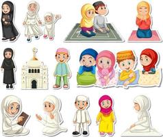 aufkleberset mit islamischen religiösen symbolen und zeichentrickfiguren vektor
