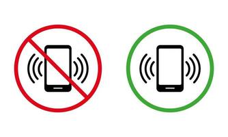mobiltelefon samtal svart siluett Ikonuppsättning. mobiltelefon förbud zon plats röd förbjuden rund skylt. använd smartphone tillåtet område grön symbol. varning, tala inte. isolerade vektor illustration.