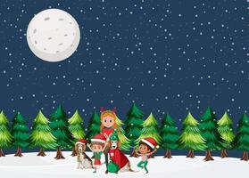 weihnachtsthema mit kindern in der nacht vektor