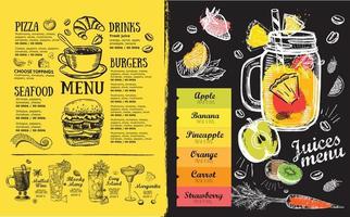 meny juice, smoothie. handritad stil. vektor illustration.