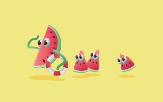 wassermelonenfamiliencharakter, der an sommerferien 3d-illustration zum strand geht. gut für urlaubsanzeigen, poster, flyer, bannervorlage vektor
