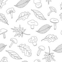 höst vektor sömlösa mönster med skogens ätbara svampar och löv på vit bakgrund. perfekt för tyger, omslagspapper, tapeter, omslag. doodle skiss stil illustration i svart bläck.