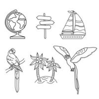 Illustration für Lifestyle-Design. Reise-Set von Kritzeleien. Papageien, Insel und Schiff. Umrisssymbolsammlung. vektor