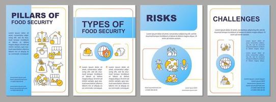 säulen der ernährungssicherheit blaue broschürenvorlage. Risiken und Herausforderungen. Broschürendesign mit linearen Symbolen. 4 Vektorlayouts für Präsentationen, Jahresberichte.