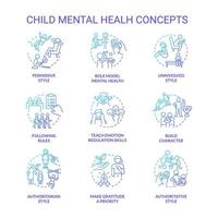 Symbole für das blaue Verlaufskonzept der psychischen Gesundheit von Kindern festgelegt. bauen charakter idee dünne linie farbillustrationen. Fähigkeiten zur Emotionsregulation vermitteln. isolierte Symbole.