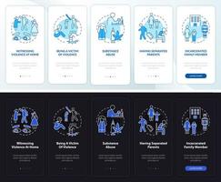Kindheitstrauma Nacht- und Tagmodus beim Onboarding des Bildschirms der mobilen App. Komplettlösung 5 Schritte grafische Anleitungsseiten mit linearen Konzepten. ui, ux, gui-Vorlage. vektor