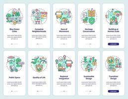 stadsplanering onboarding mobil app skärmuppsättning. stadsdesign genomgång 5 steg grafiska instruktioner sidor med linjära koncept. ui, ux, gui mall. vektor