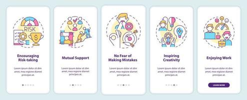 anställd glädje betydelse onboarding mobil app skärm. njuter av arbetet genomgång 5-stegs grafiska instruktioner sidor med linjära koncept. ui, ux, gui mall. vektor