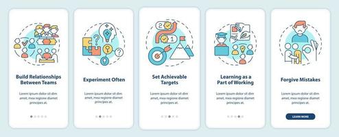 Ideen zur Mitarbeiterbindung beim Onboarding des Bildschirms der mobilen App. experimentieren Sie oft durch 5 Schritte grafische Anleitungsseiten mit linearen Konzepten. ui, ux, gui-Vorlage. vektor