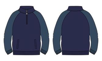 Zweifarbige langärmlige Jacke in marineblauer Farbe mit Tasche und Reißverschluss. Sweatshirtjacke aus Fleece-Jersey für Herren und Jungen vektor