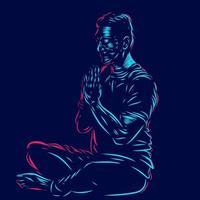 Mann Meditationslinie Pop Art Potrait Logo farbenfrohes Design mit dunklem Hintergrund. abstrakte Vektorillustration. isolierter schwarzer Hintergrund für T-Shirt