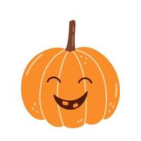 söt leende pumpa för halloween isolerad på vit bakgrund. vektor handritad illustration i tecknad platt stil. lämplig för kort, inbjudningar, hälsningsdesigner, dekorationer.