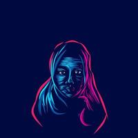 moslemische islamische arabische Frau Linie Pop Art Potrait Logo farbenfrohes Design mit dunklem Hintergrund. isolierter schwarzer Hintergrund für T-Shirt vektor