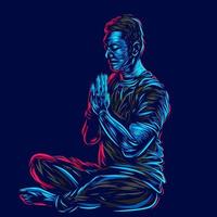 Mann Meditationslinie Pop Art Potrait Logo farbenfrohes Design mit dunklem Hintergrund. abstrakte Vektorillustration. isolierter schwarzer Hintergrund für T-Shirt vektor