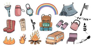 Camping- und Abenteuer-Set-Vektorelemente im Doodle-Stil für Dekorationen, Aufkleber, Stoffmuster, Dekorationen zum Thema Camping und Abenteuer, Sommer, Kissenmuster, Tassen, Kunst für Kinder usw