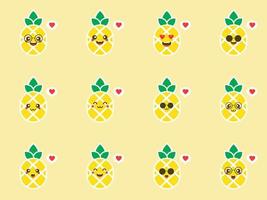 uppsättning av ananas karaktär. sommar samling av solglasögon på leende ananas tecken. söt tecknad vektorillustration. designelement för sommarsäsongskort, t-shirts, etiketter och taggar vektor