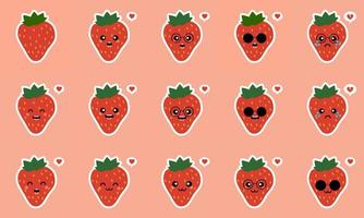 gesundes lebensmittelkonzept der erdbeere. Emoji-Emoticon-Sammlung. zeichentrickfiguren für kinder zum ausmalen, ausmalseiten, t-shirt druck, symbol, logo, etikett, aufnäher, aufkleber. kawaii und niedliches design