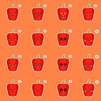 süßer und kawaii roter Paprika. gesundes lebensmittelkonzept. Pfeffer mit Emoji-Emoticon. zeichentrickfiguren für kinder zum ausmalen, ausmalbilder, t-shirt druck, symbol, logo, etikett, aufnäher, aufkleber, vegan vektor