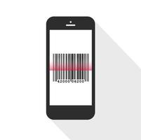 Flash-Design mit langem Schatten das Smartphone mit Barcode auf dem Bildschirm. Das Konzept ist ein Barcode-Scan auf dem Smartphone, Vektor-Design-Element-Illustration vektor