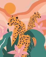 tropische blumen und blätter poster hintergrund mit leoparden. buntes Sommervektor-Illustrationsdesign. exotischer tropischer Kunstdruck für Reisen und Urlaub, Stoff und Mode vektor