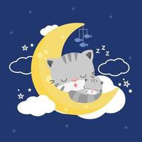 Katzen schlafen auf dem Mond mit dunklem Himmelshintergrund. vektor