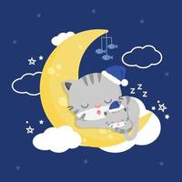katter sover på månen med mörk himmel bakgrund. vektor
