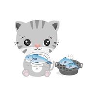 söt katt som håller fisk i skålen. djur seriefigur vektor