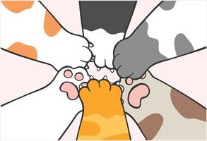 Gruppe der Vielfalt niedliche Kitty-Katzenpfotenbeine, die an der Macht zusammengefügt sind, Teamwork-Konzept, niedliches Tier-Haustier-Cartoon-Zeichnungsvektorgekritzel vektor