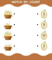 match efter antal av tecknade durian. match och räkna spel. pedagogiskt spel för barn och småbarn i förskoleåldern vektor