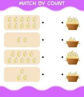 Übereinstimmung durch Anzahl von Cartoon Durian. Match-and-Count-Spiel. Lernspiel für Kinder und Kleinkinder im Vorschulalter vektor