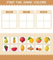 Finden Sie die gleichen Farben von Früchten. Such- und Zuordnungsspiel. Lernspiel für Kinder und Kleinkinder im Vorschulalter vektor