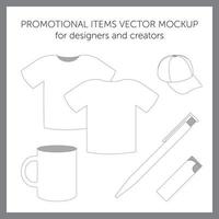 leere Designvorlagen für Präsentationen oder Logos. weißes Vektor-T-Shirt, Mütze, Becher, Stift, Feuerzeug vektor