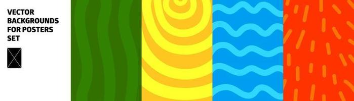 vektor bakgrund för affischer. uppsättning. gul, grön, blå, röd bakgrund. våg, sol, gräs, solstrålar