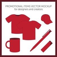 leere Designvorlagen für Präsentationen oder Logos. rotes Vektor-T-Shirt, Mütze, Becher, Stift, Feuerzeug vektor