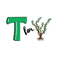 t für Baum, t-Buchstaben und Baumvektorillustration, Alphabetdesign für Kinder vektor